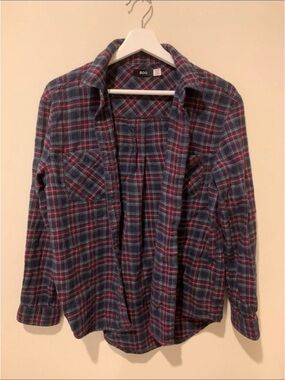 BDG Navy and Burgundy Plaid Button-Front Shirt
